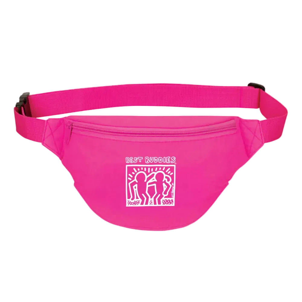 Hot pink fanny pack with a zipper and white haring best buddies logo