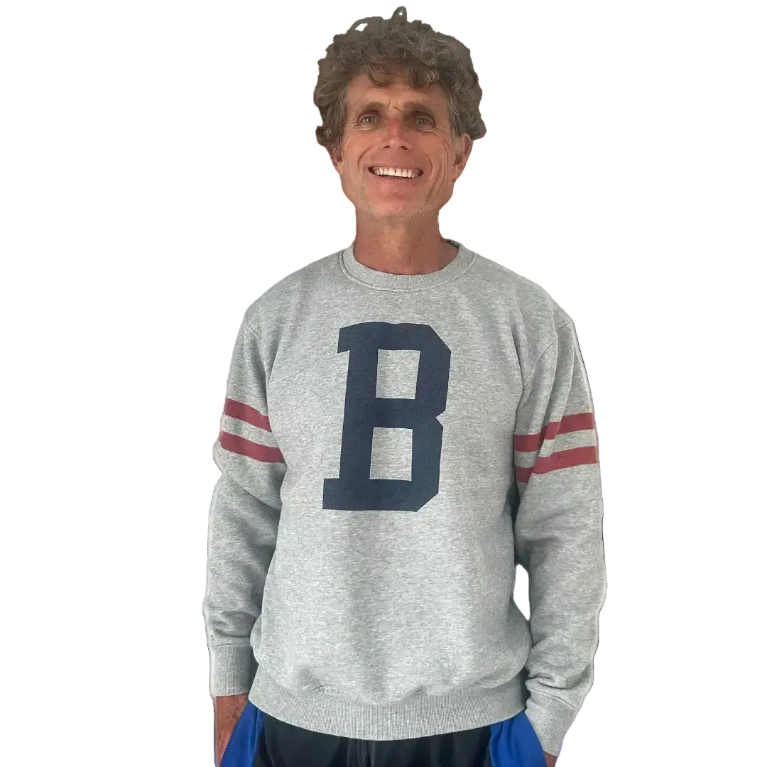 Gray crewneck sweatshirt with two dark red stripes on the sleeves and a navy "B" on the front