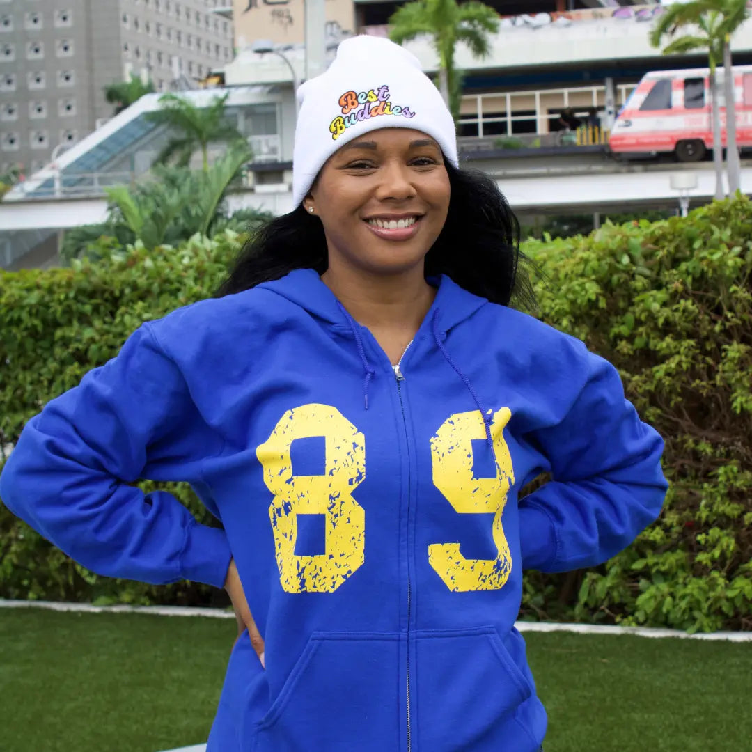 Blue Zip Hoodie with "89" in yellow on the front and "Best Buddies" in yellow going up the back