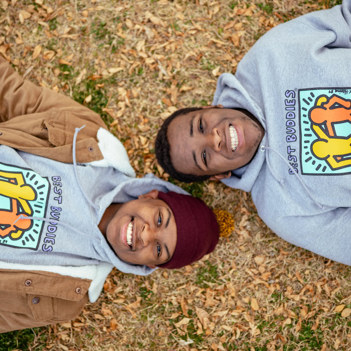 Gray hoodie with colorful traditional haring logo