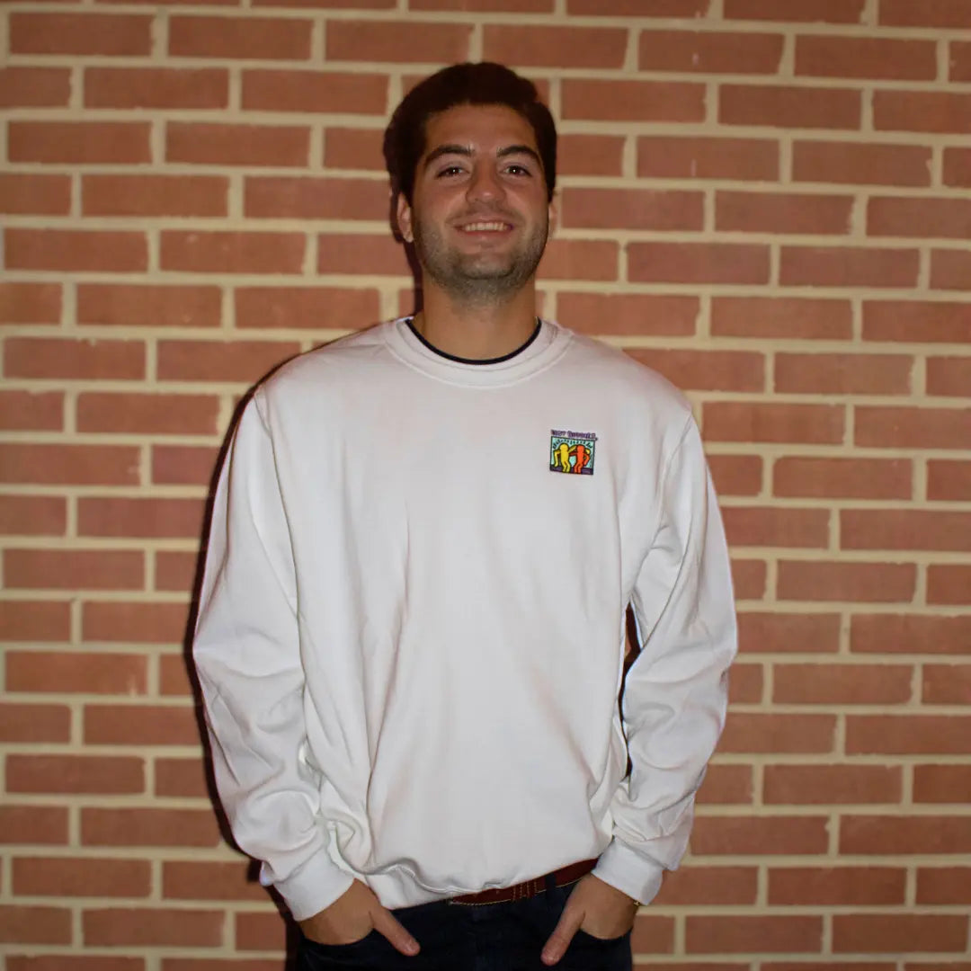 White crewneck sweatshirt with colorful Best Buddies Haring logo on the front