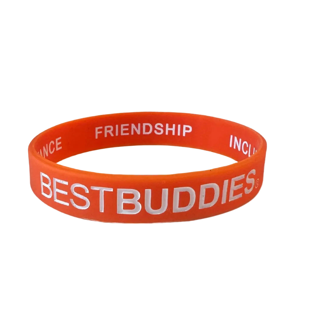 Orange bracelet with "best buddies" written on the outside, and "friendship, inclusion, respect, and acceptance" written on the inside