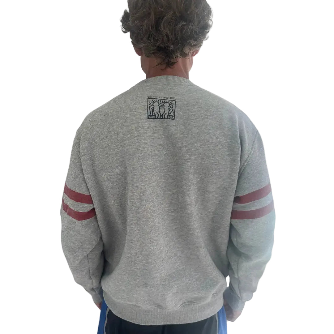 Gray crewneck sweatshirt with two dark red stripes on the sleeves and a navy "B" on the front