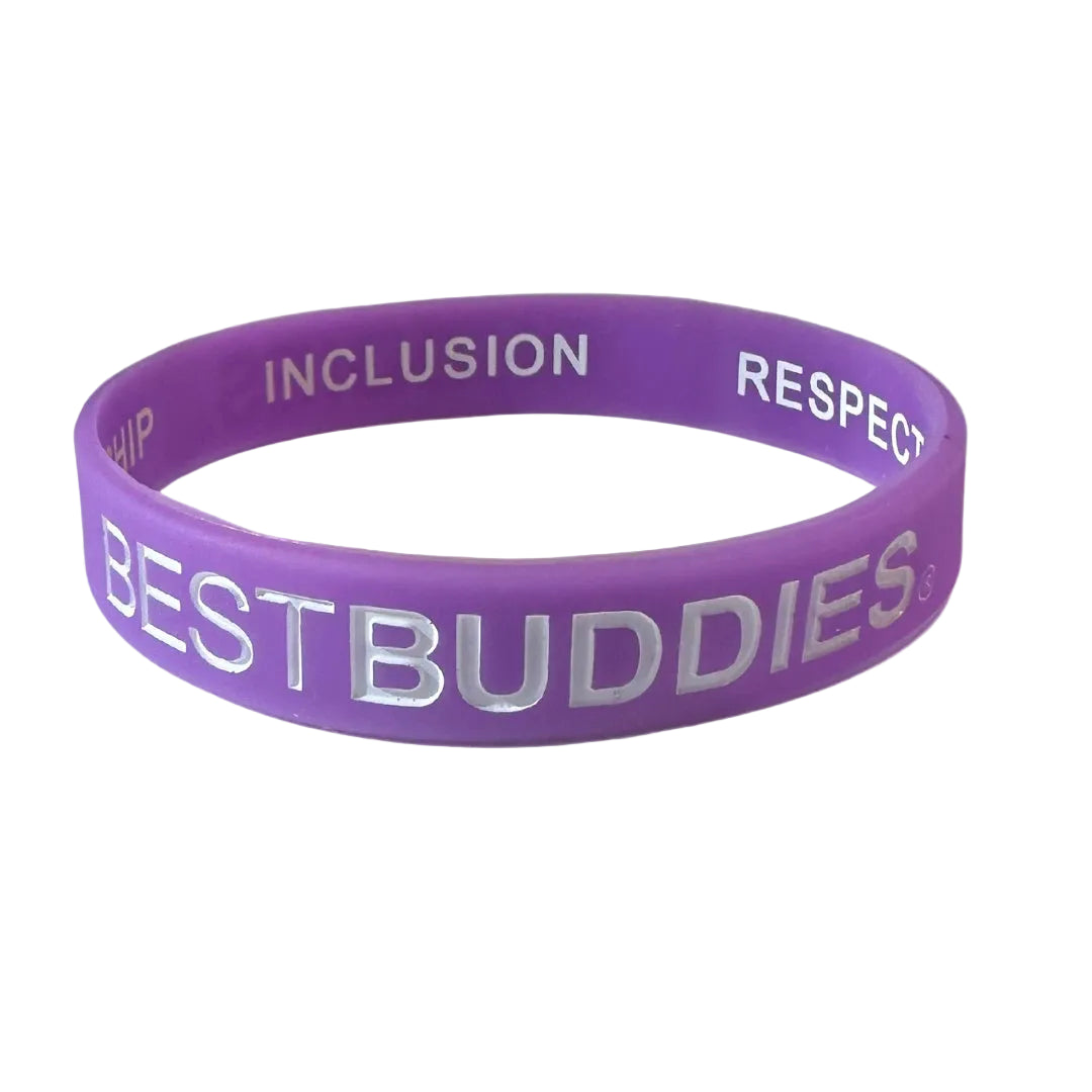 Purple bracelet with "best buddies" written on the outside, and "friendship, inclusion, respect, and acceptance" written on the inside