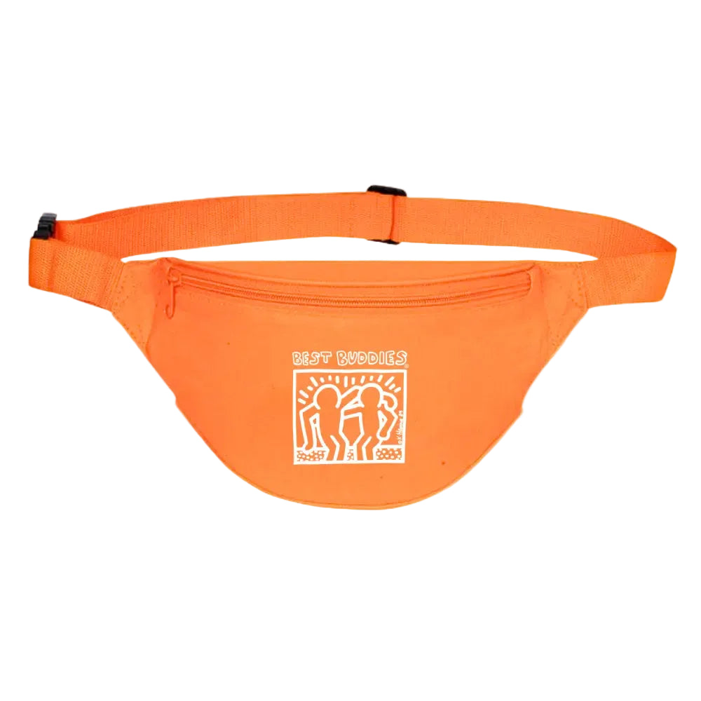 Orange fanny pack with a zipper and white haring best buddies logo