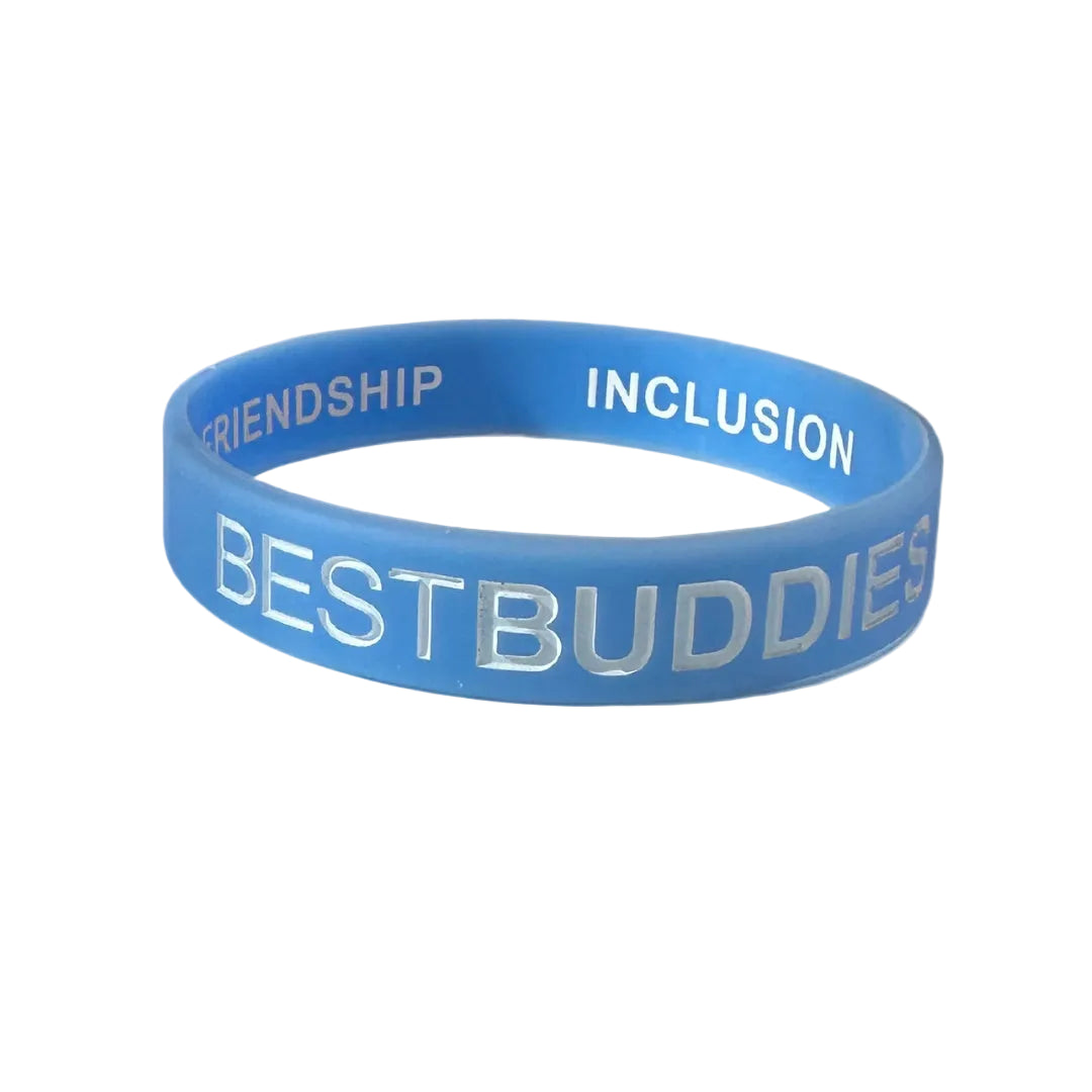 Blue bracelet with "best buddies" written on the outside, and "friendship, inclusion, respect, and acceptance" written on the inside