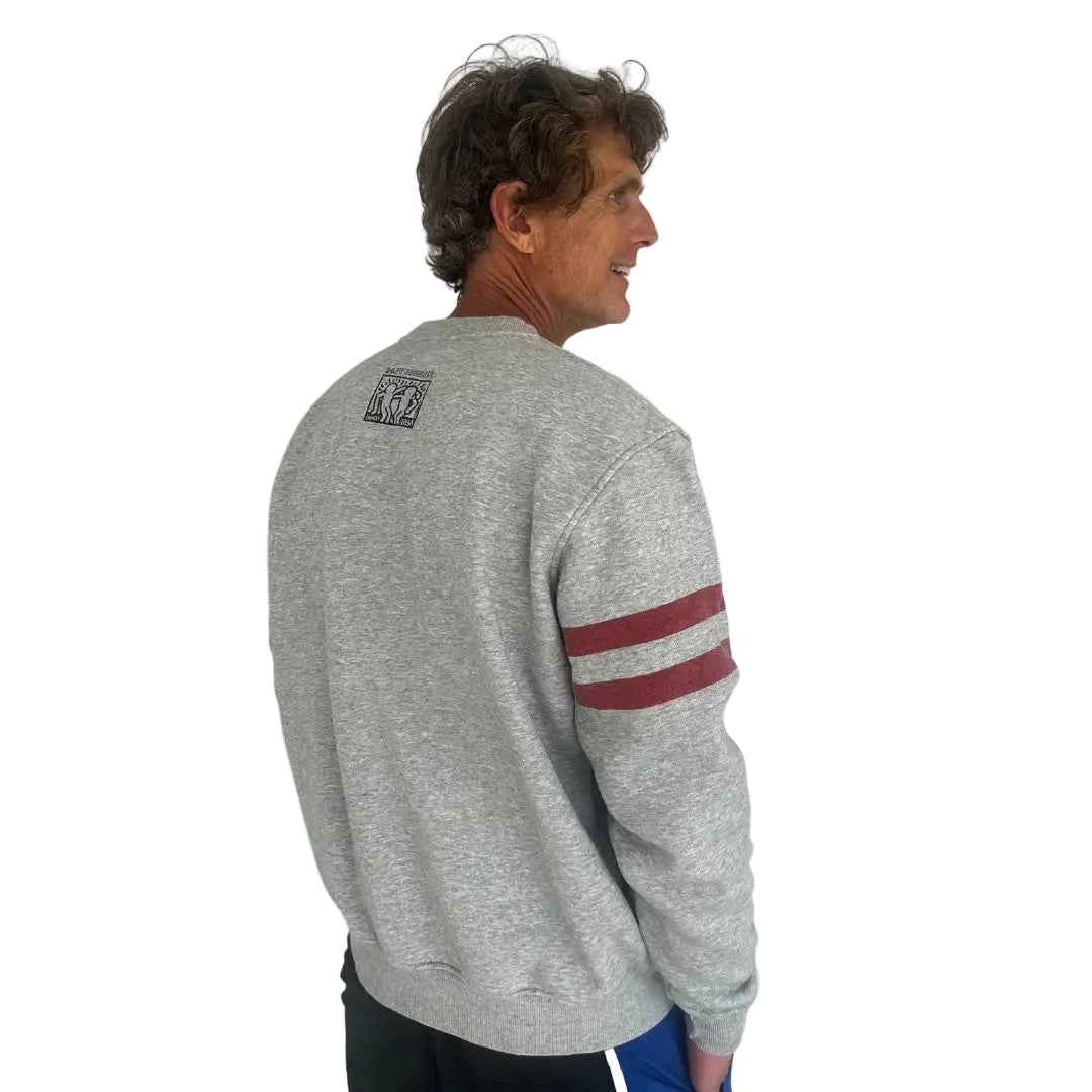 Gray crewneck sweatshirt with two dark red stripes on the sleeves and a navy "B" on the front