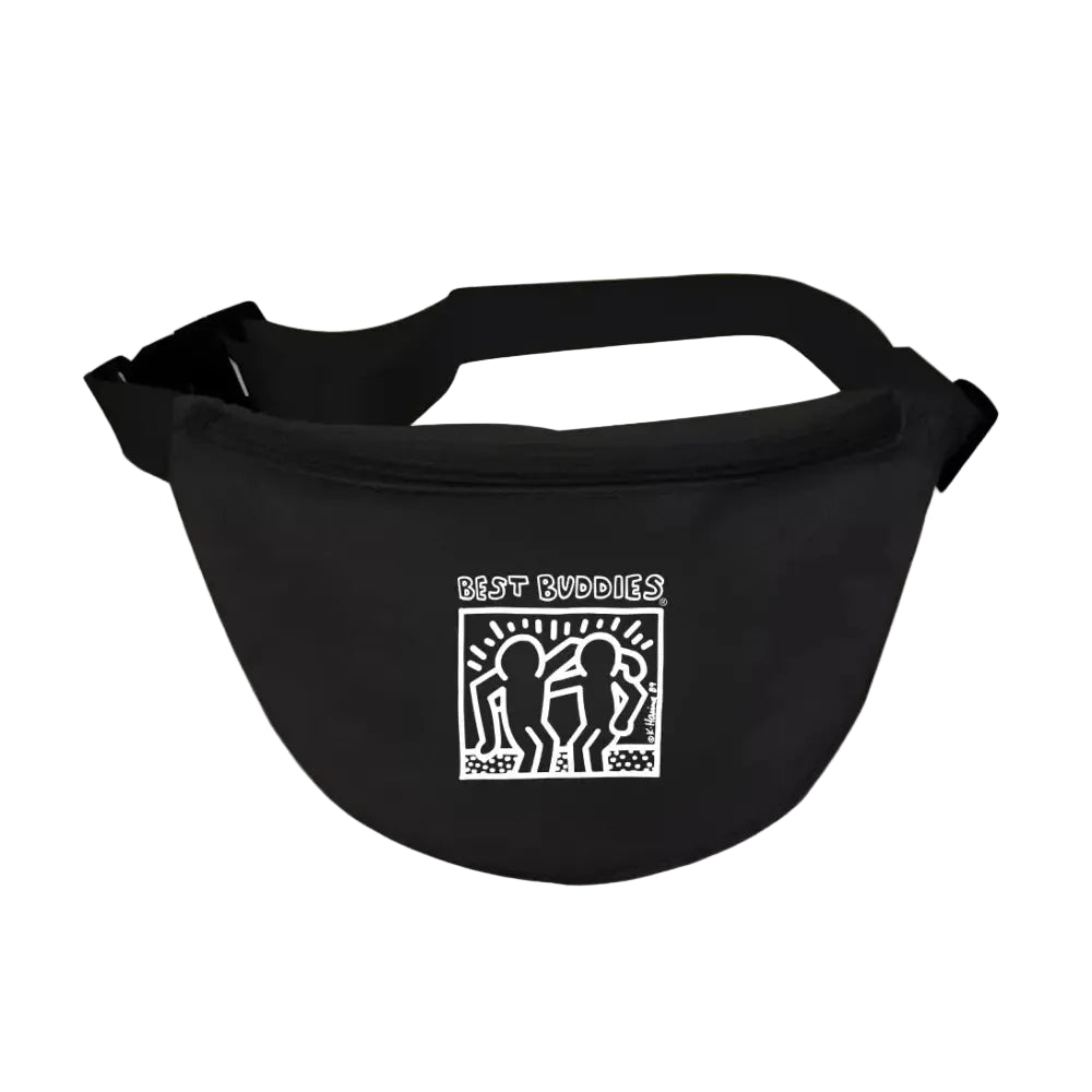 Purple fanny pack with a zipper and white haring best buddies logo