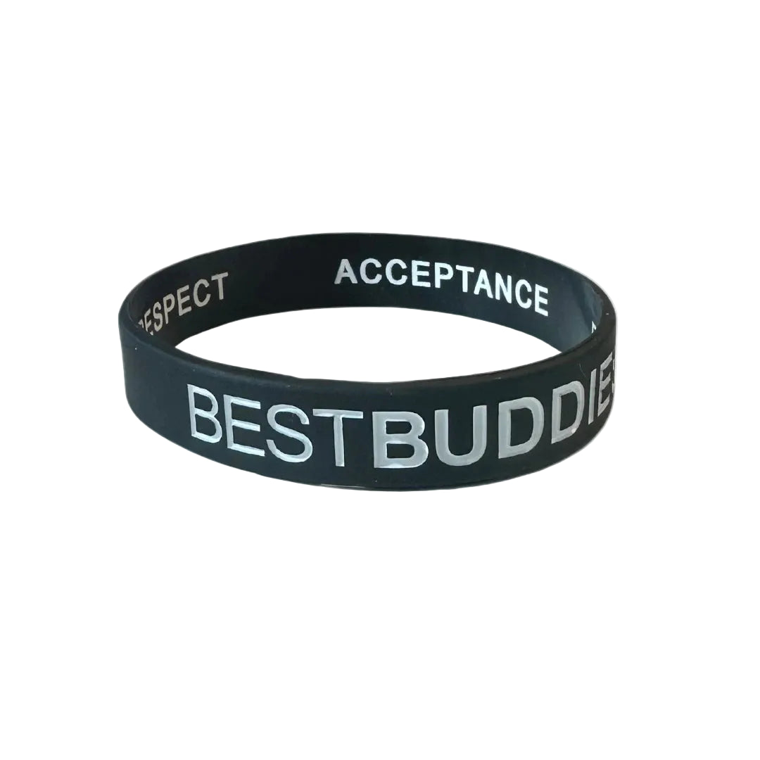 Black bracelet with "best buddies" written on the outside, and "friendship, inclusion, respect, and acceptance" written on the inside