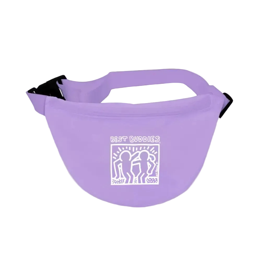 Purple fanny pack with a zipper and white haring best buddies logo
