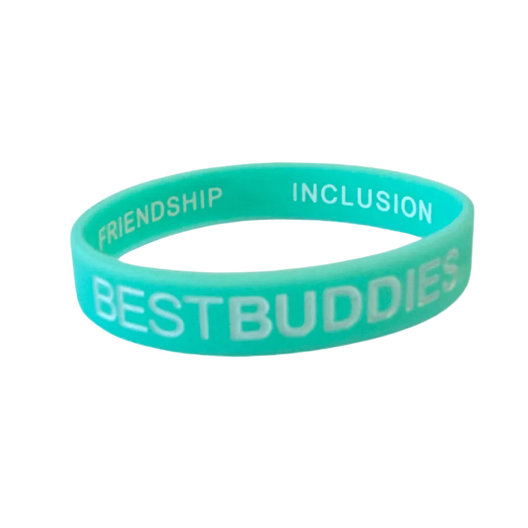 Teal bracelet with "best buddies" written on the outside, and "friendship, inclusion, respect, and acceptance" written on the inside