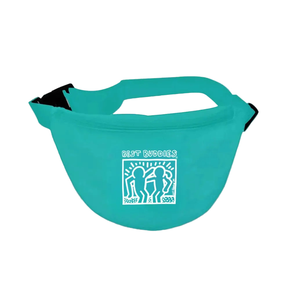 Teal fanny pack with a zipper and white haring best buddies logo