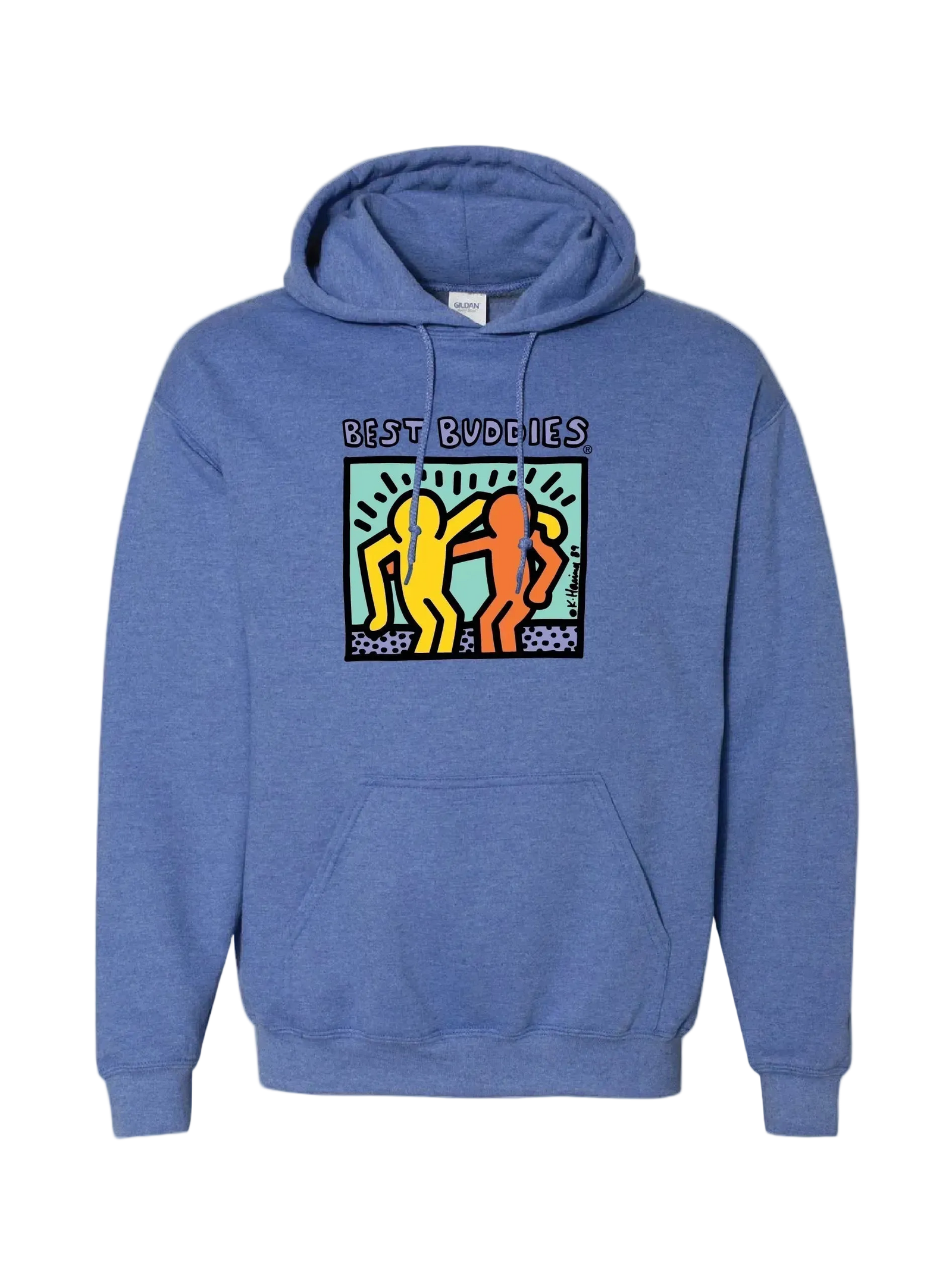 image of haring hoodie in royal blue. (Blue hoodie with colorful Best Buddies haring logo on the front)