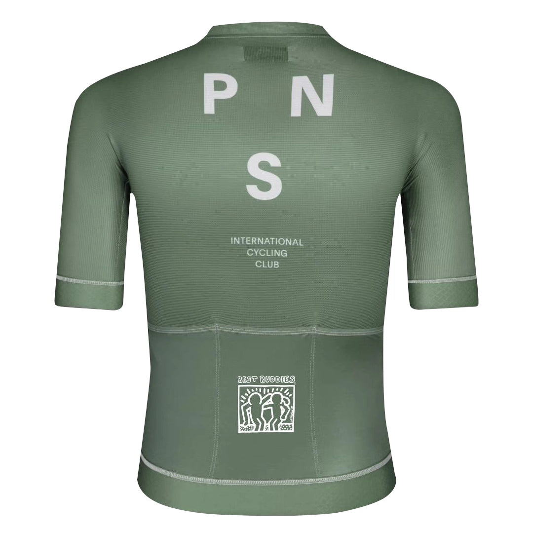 Back view of a khaki green cycling jersey with “PNS” in large white letters, “International Cycling Club” printed below, and the Best Buddies logo on the lower back pocket area.