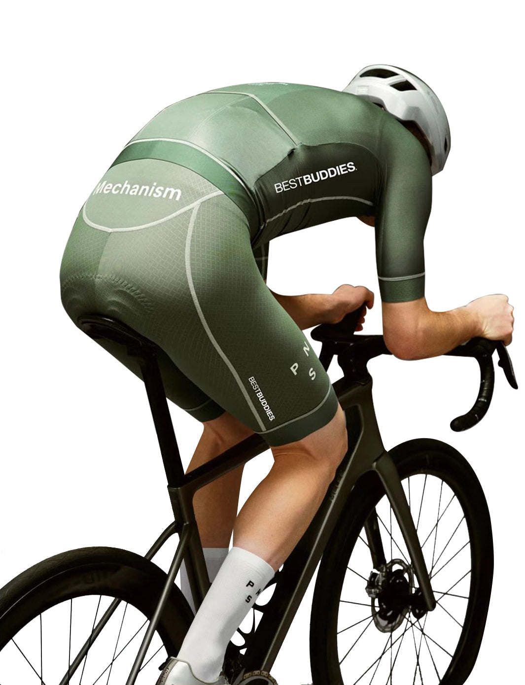 Side view of a cyclist in motion wearing a green cycling kit. “Mechanism” is written across the back waistband, “BEST BUDDIES” on the side panel, and “PNS” and “BESTBUDDIES” printed on the shorts.