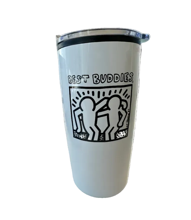 White tumbler with black haring Best Buddies logo
