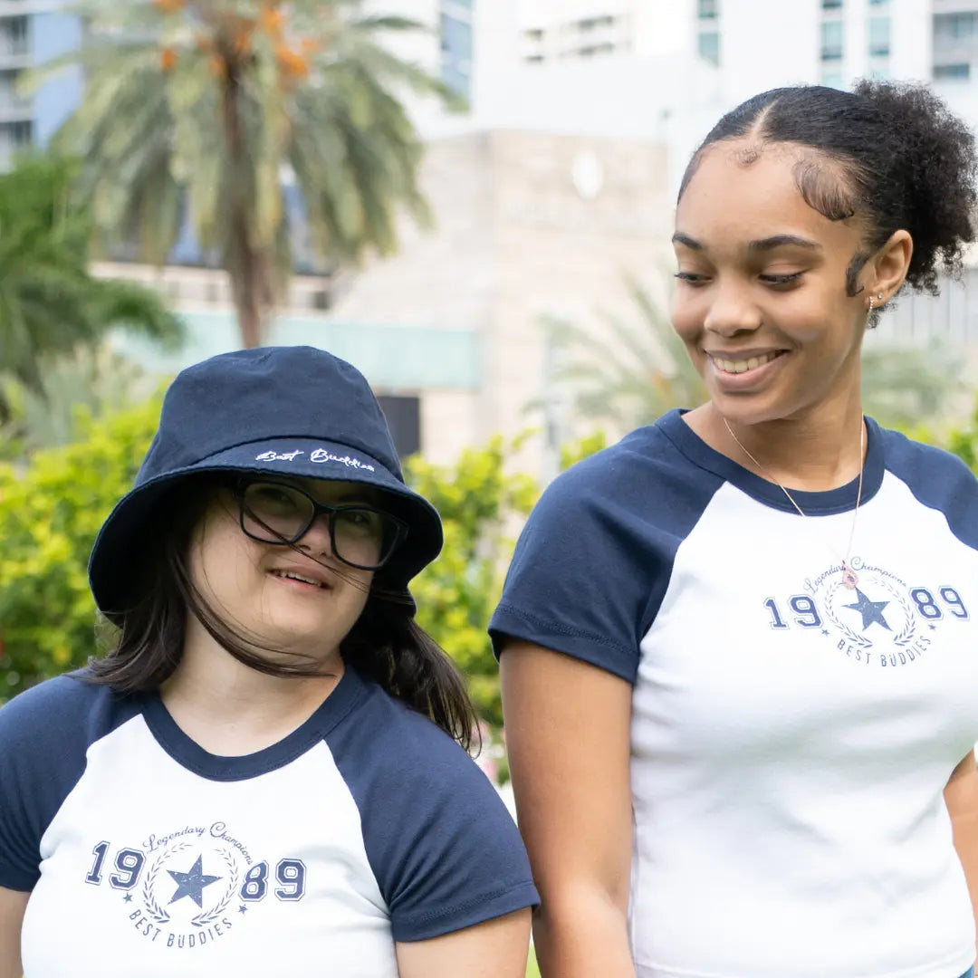 Navy Best Buddies bucket hat with white embroidered logo on the back.