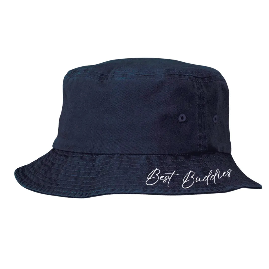 Navy Best Buddies bucket hat with white embroidered logo on the back.