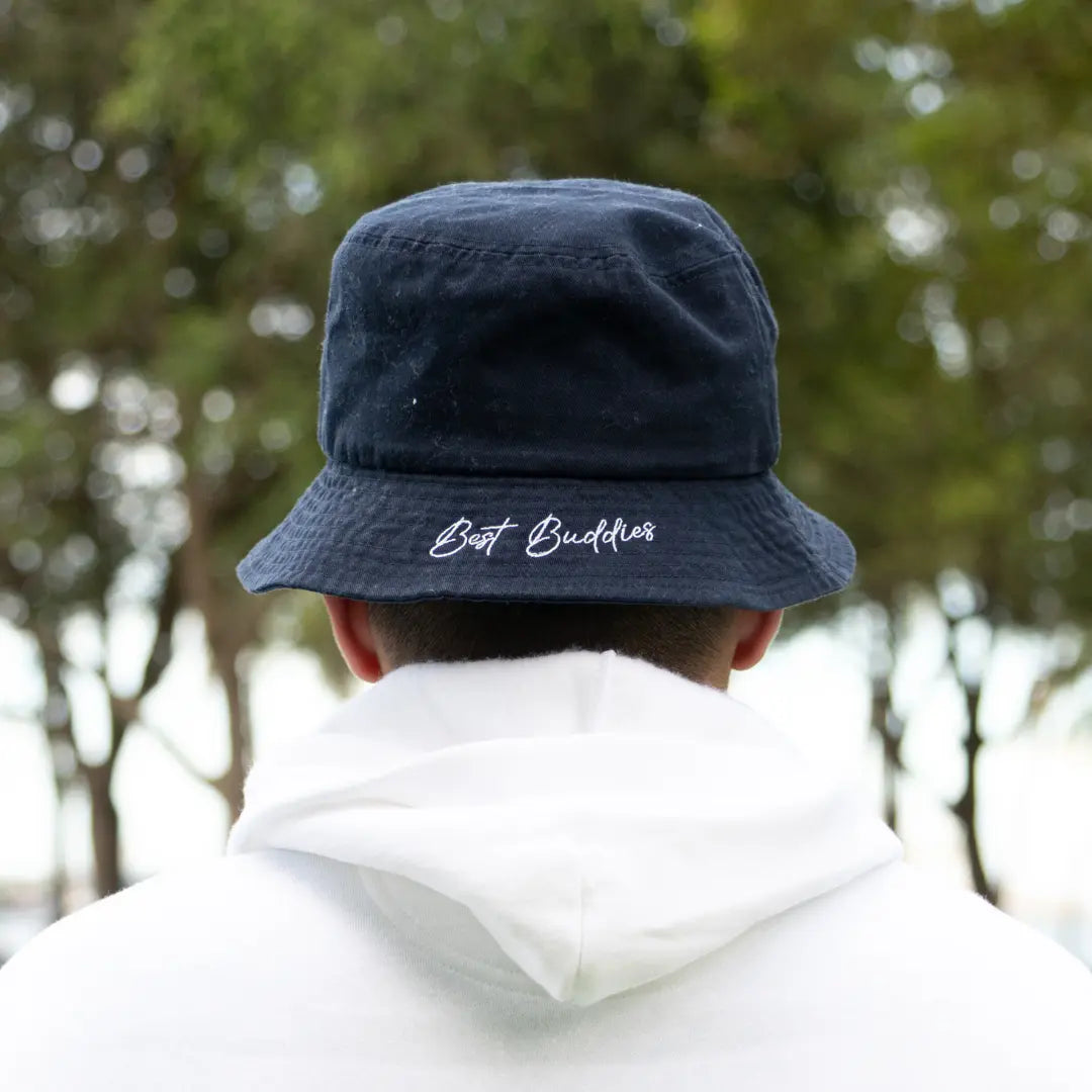 Navy Best Buddies bucket hat with white embroidered logo on the back.