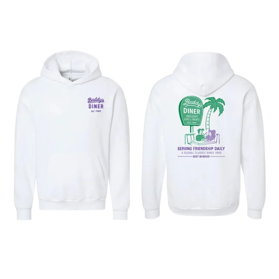White Best Buddies Hoodie featuring a colorful ‘Buddy's Diner’ graphic with retro diner design on the back.