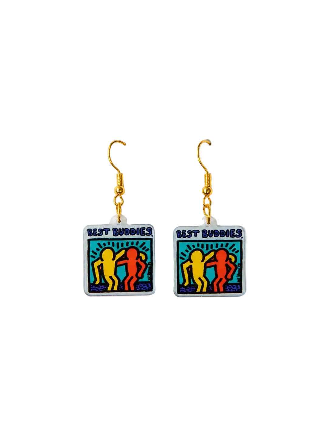 A pair of square drop earrings featuring a Keith Haring-inspired 'Best Buddies' design with yellow and red figures on a teal background, suspended from gold hooks against a plain white background.