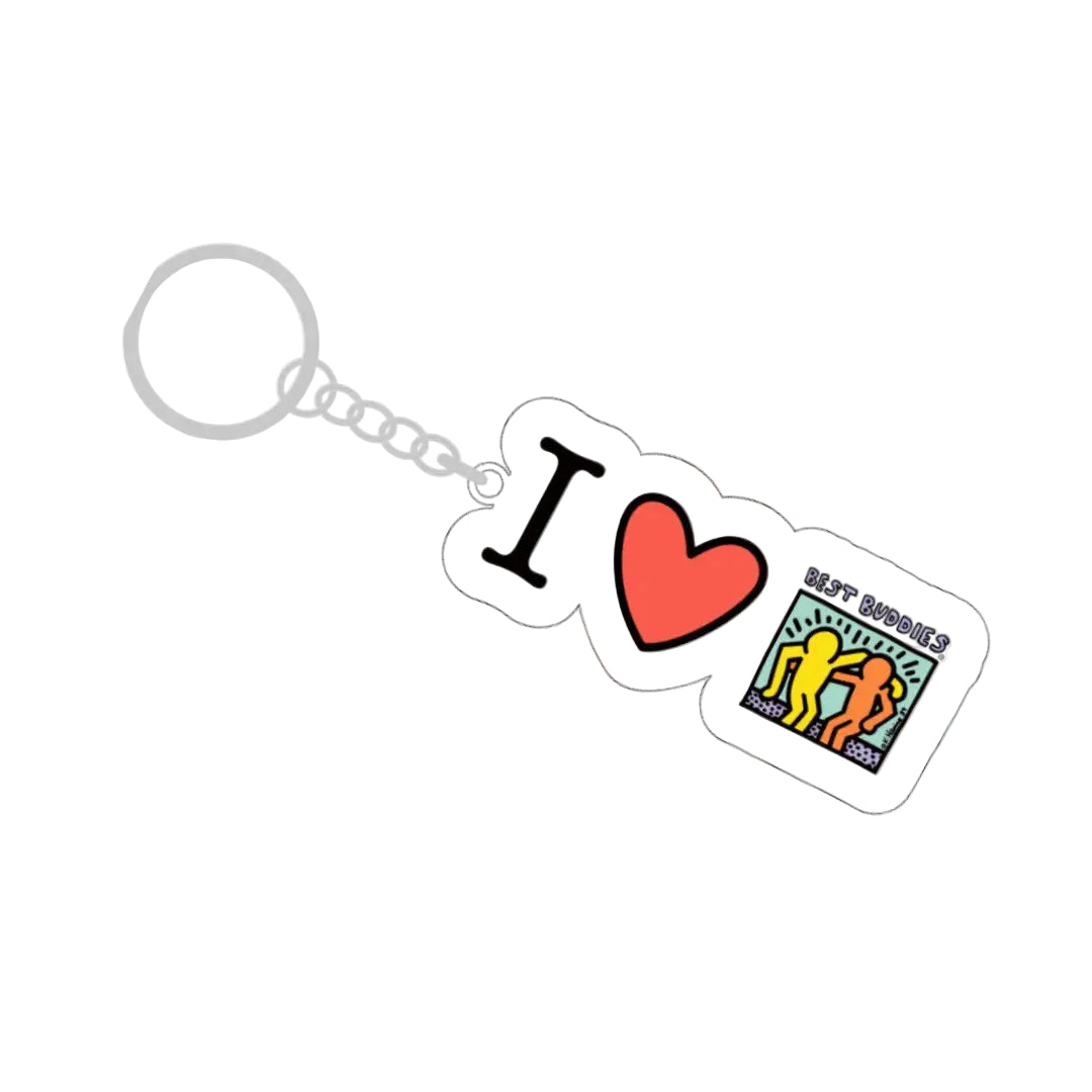 Silver Best Buddies keychain with ‘I Heart Best Buddies’ design on the front