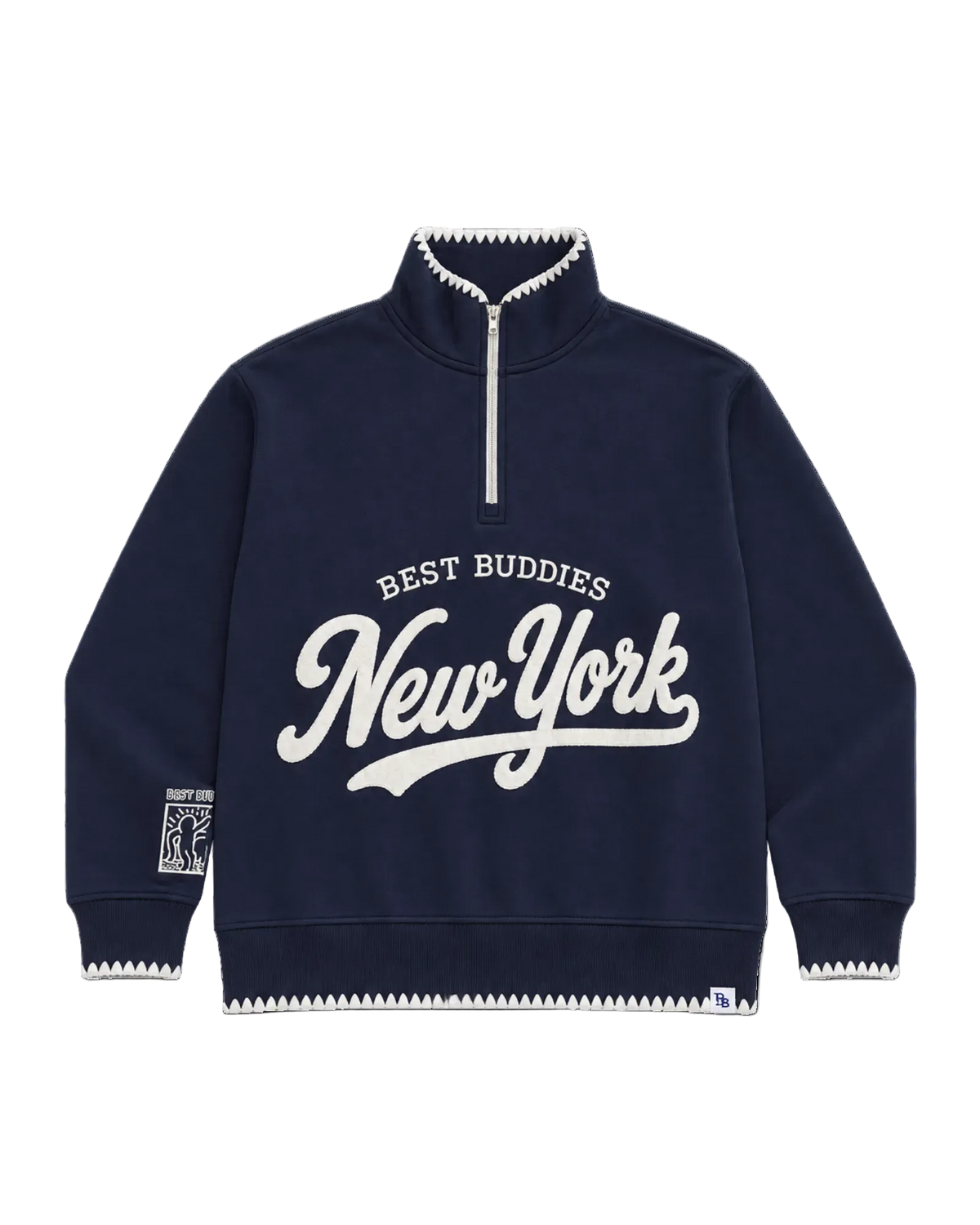 A navy blue quarter-zip sweatshirt with white graphic text reading 'BEST BUDDIES New York' on the front, featuring white zigzag trim along the collar, cuffs, and hem, and a small patch on the left sleeve.