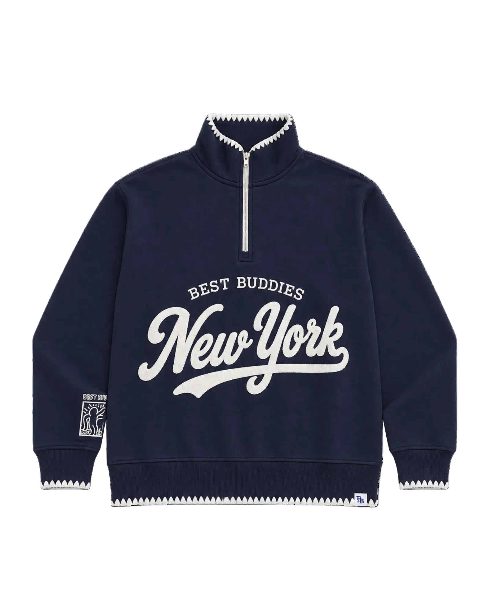 A navy blue quarter-zip sweatshirt with white graphic text reading 'BEST BUDDIES New York' on the front, featuring white zigzag trim along the collar, cuffs, and hem, and a small patch on the left sleeve.