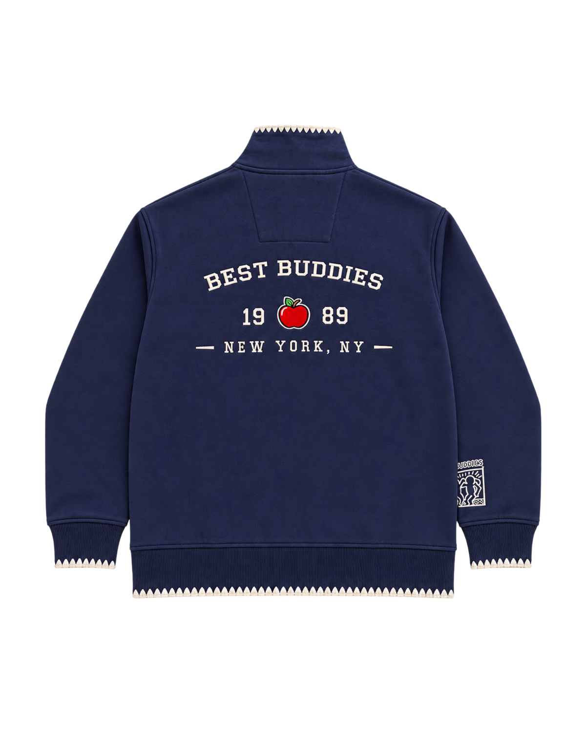 A navy blue fleece jacket with a mock neck, featuring 'BEST BUDDIES 1989 NEW YORK, NY' printed in white on the back, with a small red apple graphic and a white patch on the sleeve cuff.
