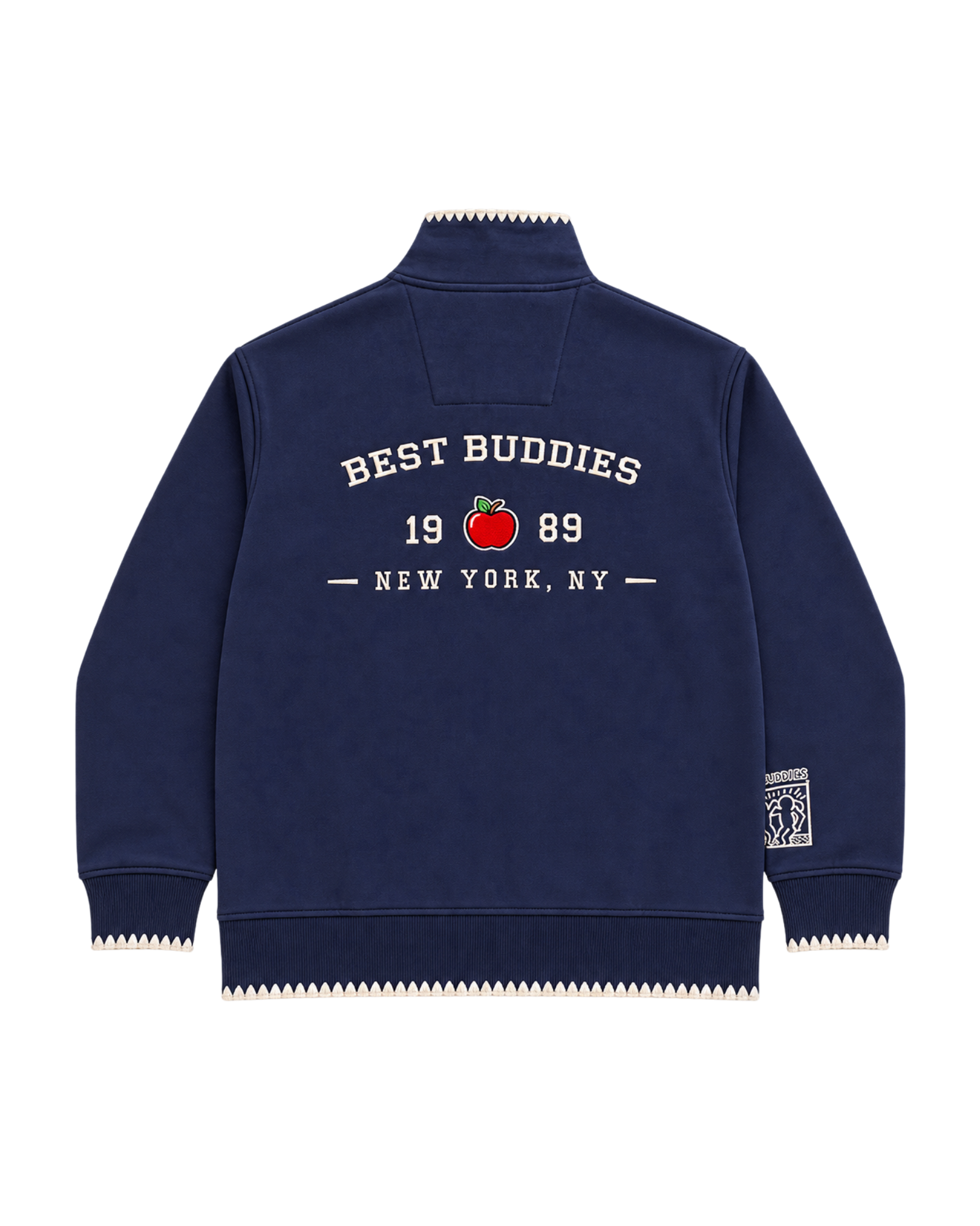 A navy blue quarter-zip sweatshirt with white graphic text reading 'BEST BUDDIES New York' on the front, featuring white zigzag trim along the collar, cuffs, and hem, and a small patch on the left sleeve.