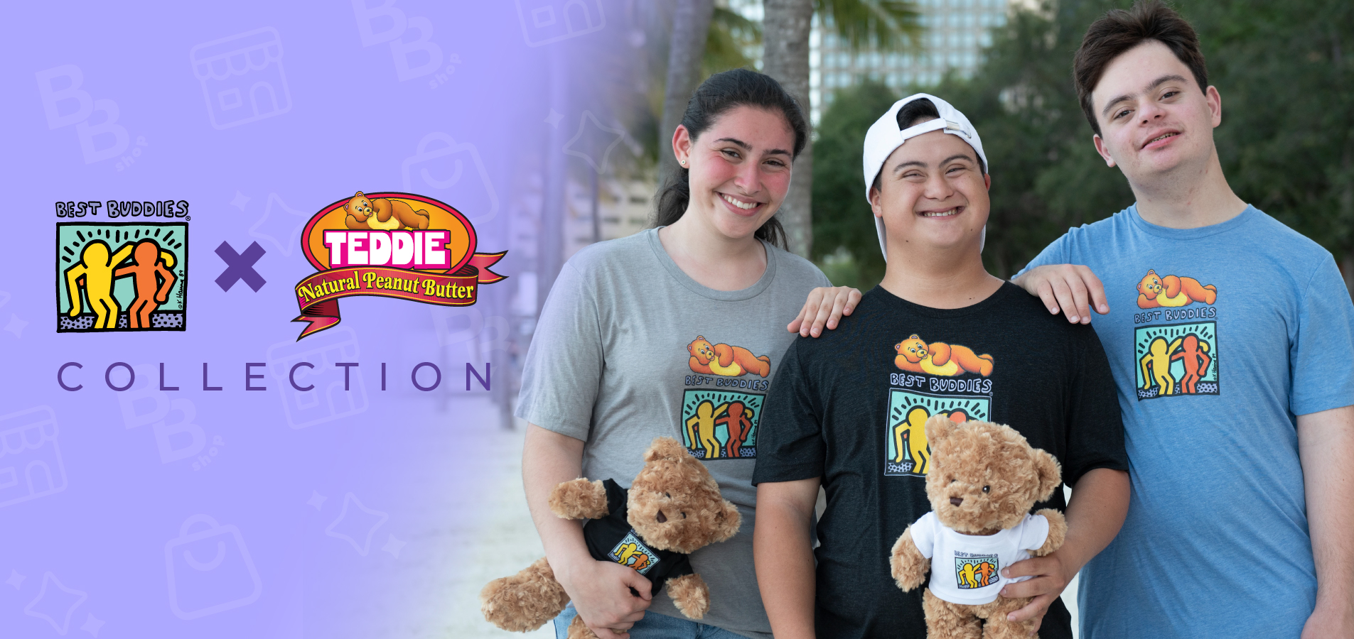 Three Best Buddies Program participants wearing Best Buddies collaboration with Teddie Peanut Butter T-shirts in downtown Miami.