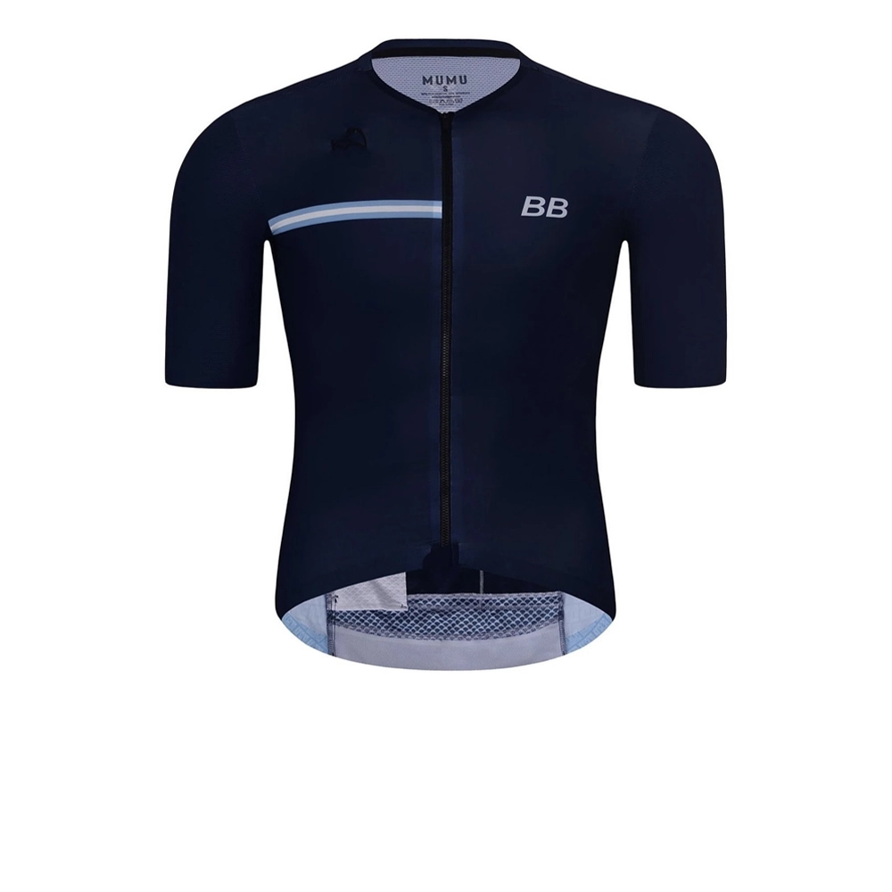 Best Buddies navy cycling jersey by Mumu Apparel, featuring a subtle stripe detail across the chest and 'BB' branding on the left side of the chest.